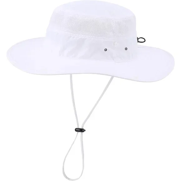 Unisex White 100% Polyester Wide Brim Boonie Mesh With Chin Strap Bucket Sun Hat - Picture 2 of 7